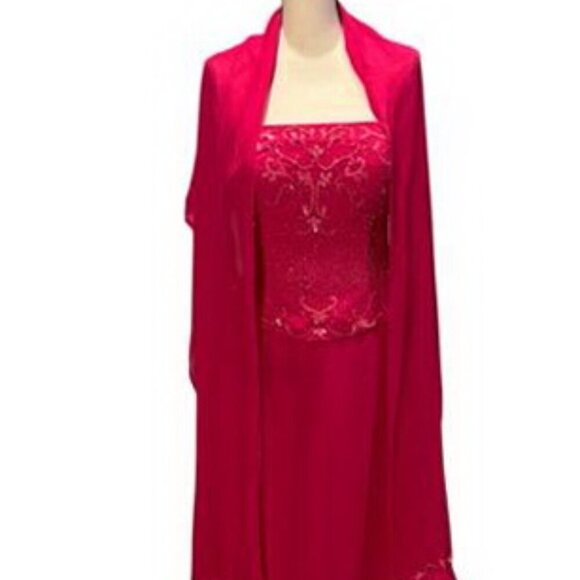 Cire by Landa Hot Pink Strapless Beaded Chiffon Dress With Wrap - Picture 5 of 8
